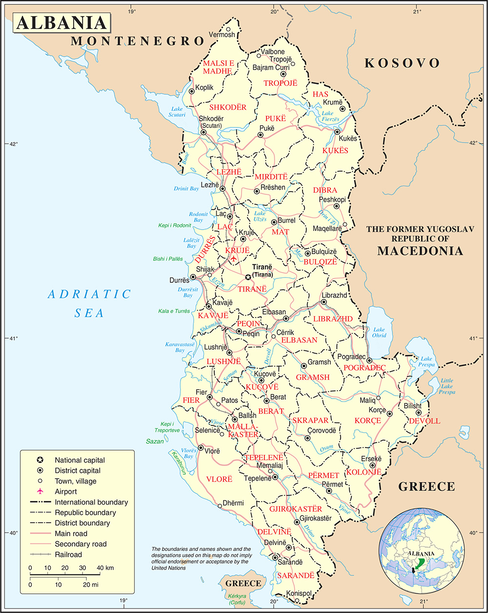 Mappa dettagliata con le città Albania