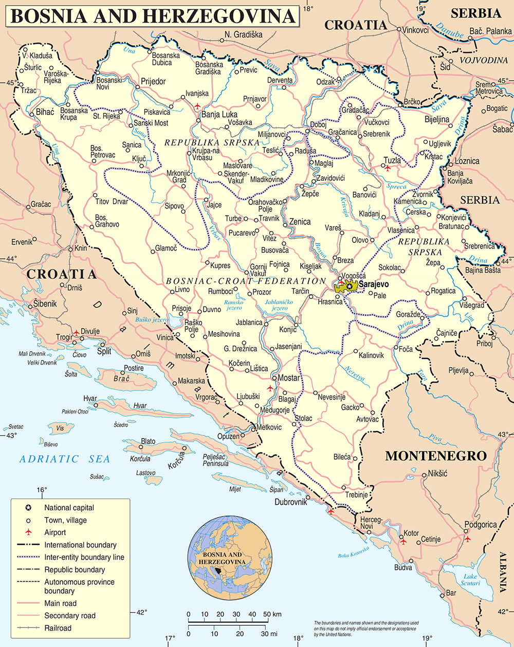 Mappa dettagliata con le città Bosnia ed Erzegovina