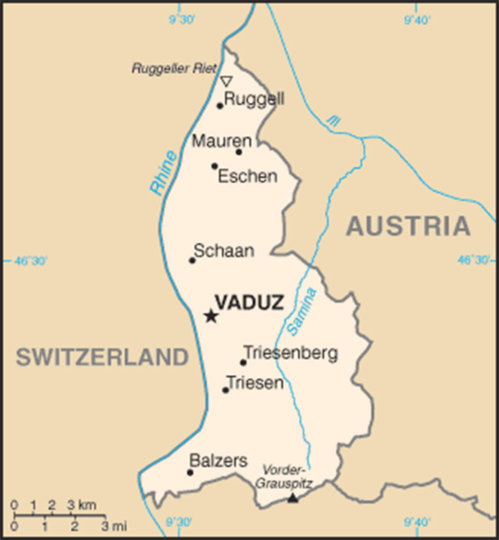Mappa con le città Liechtenstein