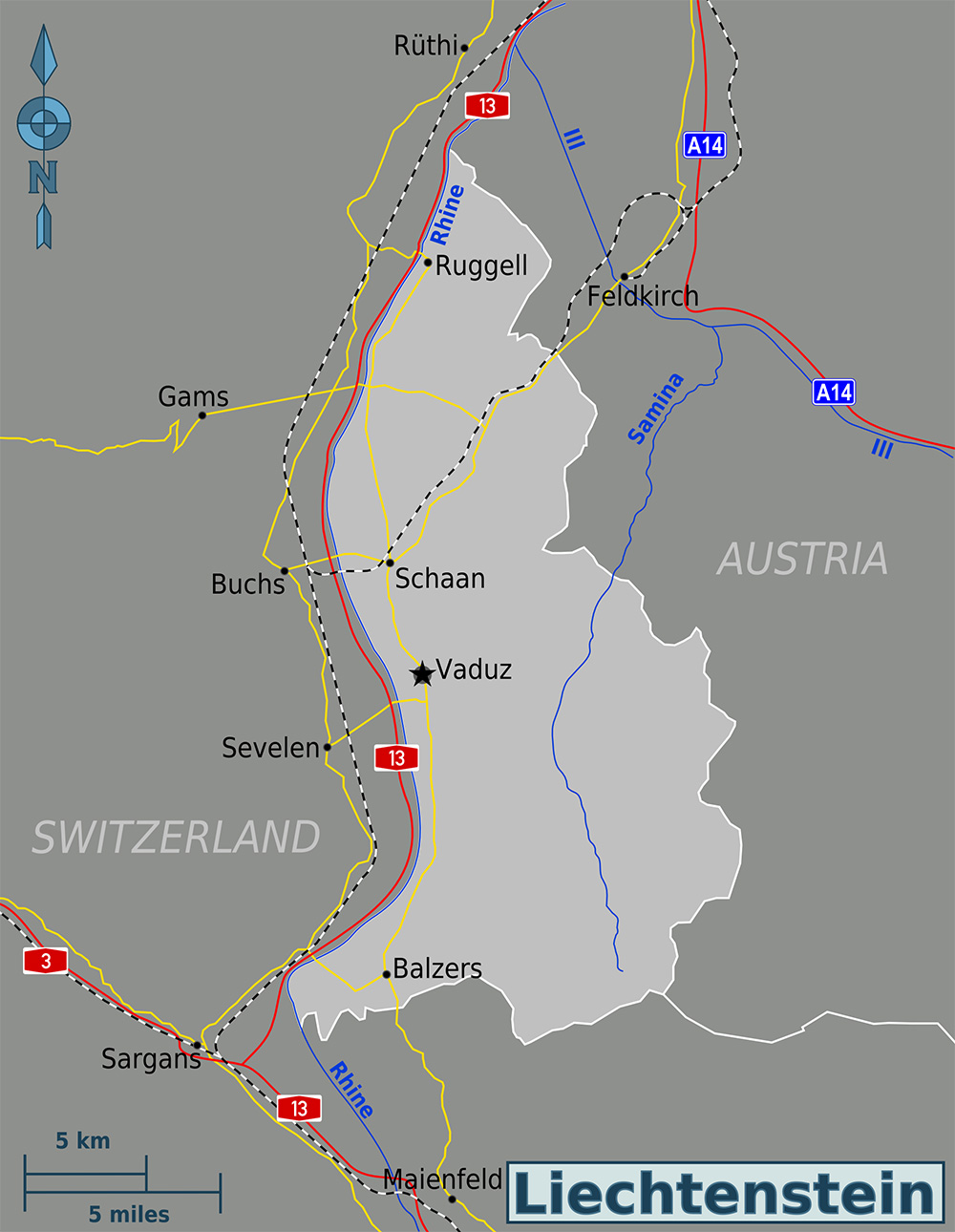Mappa con le città Liechtenstein