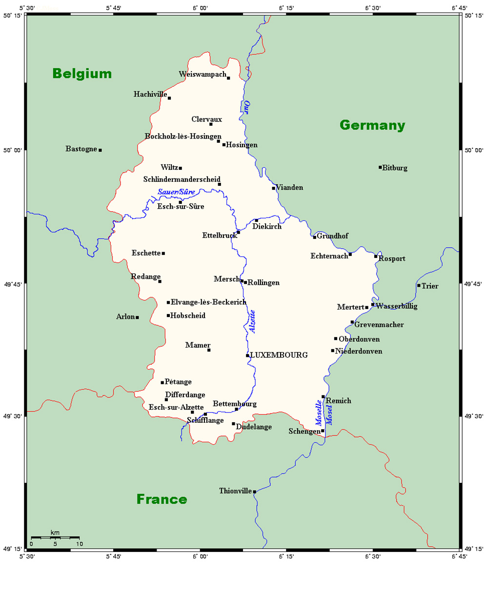 Mappa con le città Lussemburgo
