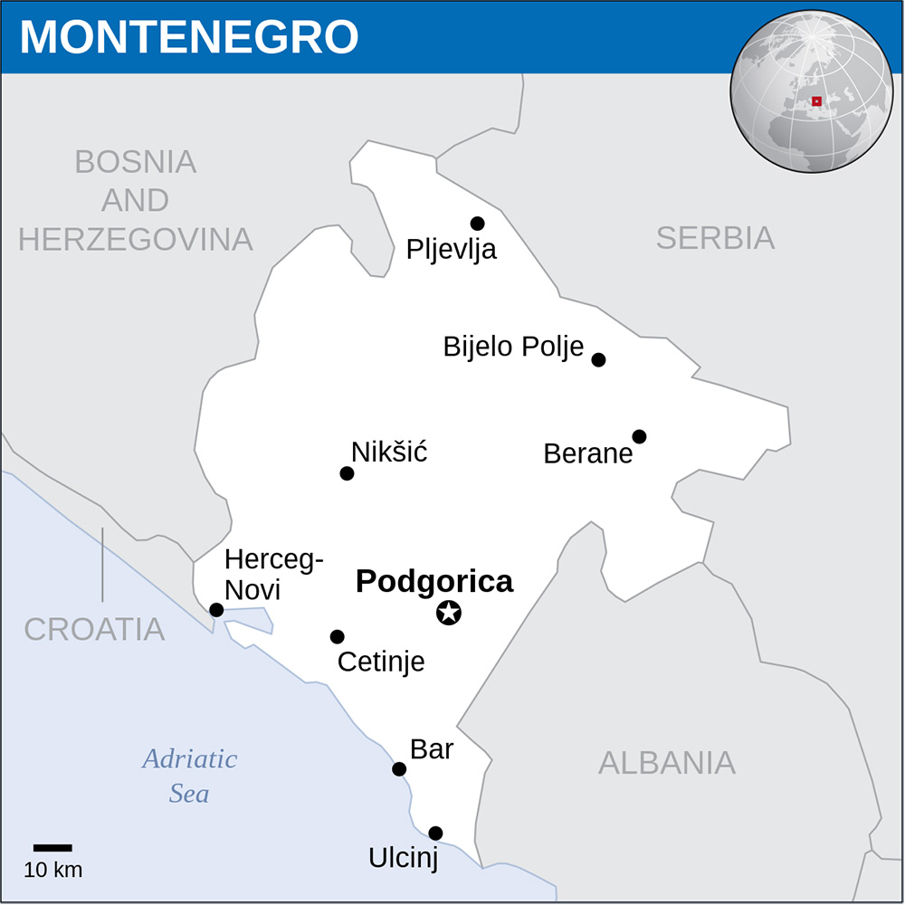 Mappa con le città Montenegro