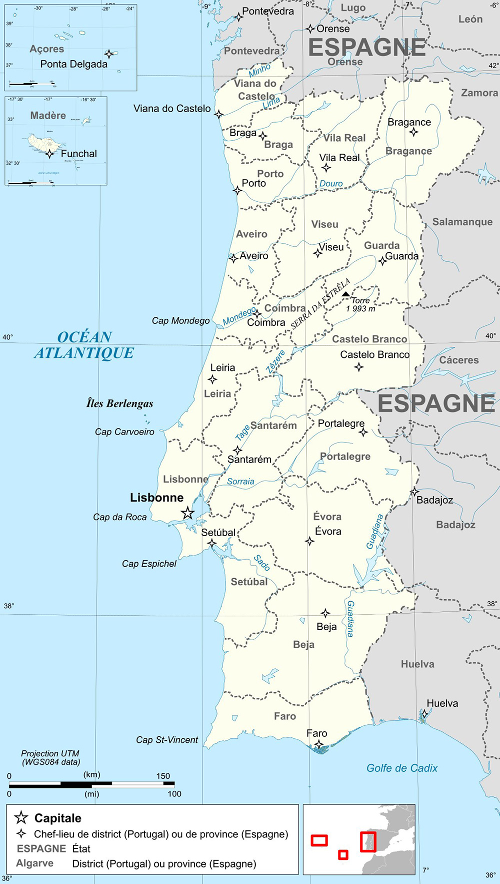 Mappa dettagliata con le città Portogallo