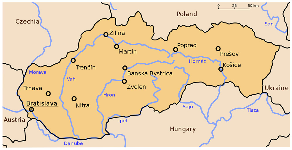 Mappa con le città Slovacchia