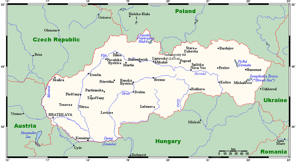Mappa dettagliata con le città Slovacchia